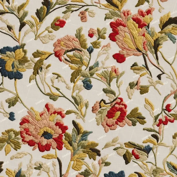 An embroidered fabric featuring a floral pattern with large flowers in shades of red, pink, yellow, and green on a light beige background. The intricate details and vibrant colors create a rich and textured appearance.