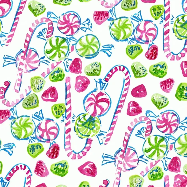 This is a colorful, hand-drawn pattern featuring assorted candy items. The design includes pink and white candy canes, green and white swirled candies, and pink strawberry-shaped candies, all on a white background. The pattern is evenly distributed and vibrant.