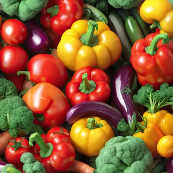 An assortment of various vegetables including red, yellow, and orange bell peppers, tomatoes, broccoli, carrots, eggplants, and zucchini, closely packed together. The vegetables appear fresh and vibrant in color.