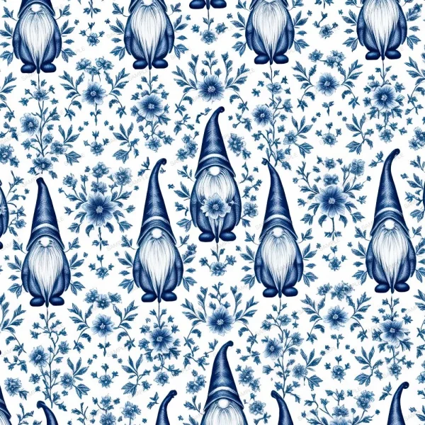 A pattern featuring gnomes with long beards and tall hats surrounded by various flowers and foliage. The design is predominantly in shades of blue on a white background. The gnomes are evenly spaced and oriented upright among the floral elements.