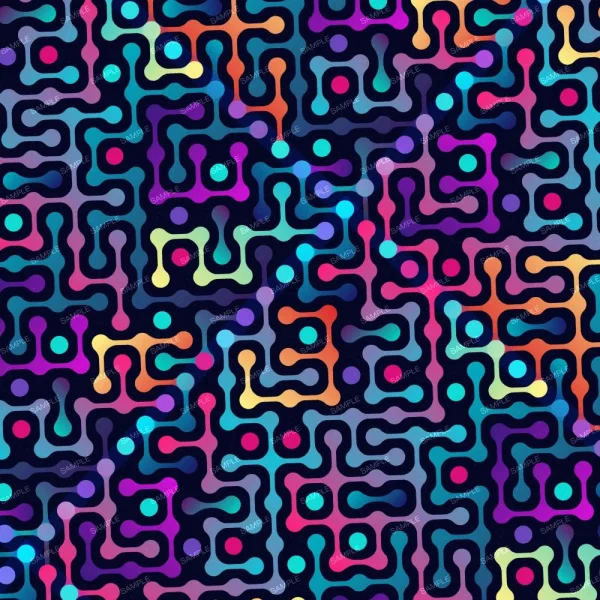 A colorful abstract pattern consisting of interconnected shapes resembling a maze. The design features varying shades of blue, pink, orange, green, and purple on a dark background, creating a vivid, intricate, and dynamic visual effect.