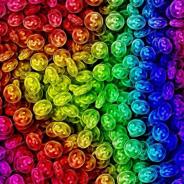A collection of multicolored coins featuring dollar signs are arranged in a gradient from red to blue. The coins cover the entire image, creating a vibrant and visually striking pattern.