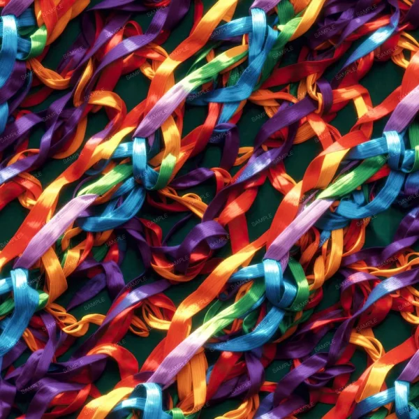 A dense and colorful tangle of variously hued ribbons is sprawled across a green surface. The ribbons are intertwined, creating a vibrant and chaotic pattern with colors including purple, blue, red, orange, yellow, and pink.