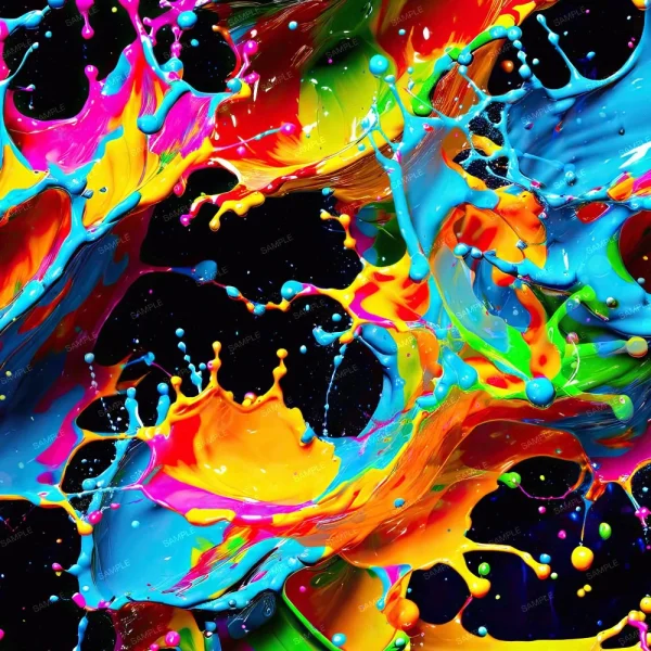 Abstract image featuring vibrant splashes of paint in various colors, including blue, yellow, green, orange, red, and pink, against a black background. The paint appears to be in mid-air, creating a dynamic and energetic visual effect.
