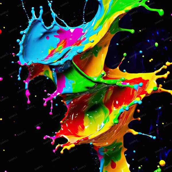 An abstract image featuring vibrant splashes of blue, green, yellow, red, and pink paint intertwined against a black background. The paint forms dynamic, fluid shapes, with droplets frozen in mid-air, creating a chaotic yet visually appealing pattern.