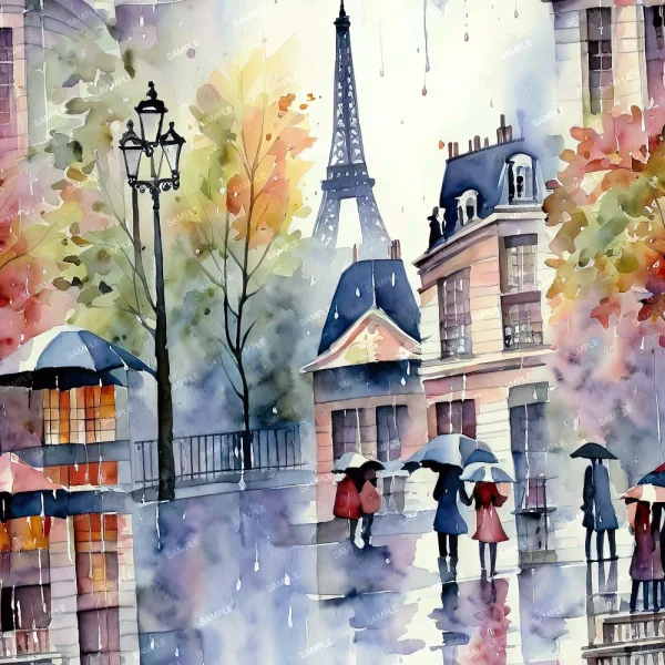 A watercolor painting depicts people walking with umbrellas on a rainy street in Paris. The Eiffel Tower looms in the background amidst pastel-colored buildings and autumn trees. Raindrops and reflections on the wet pavement enhance the tranquil atmosphere.