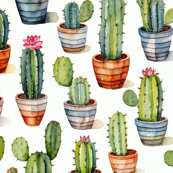 A seamless pattern featuring watercolor illustrations of various cacti in striped pots. The cacti differ in shapes and sizes, with some bearing pink flowers. The background is plain white, highlighting the colorful and detailed plant illustrations.