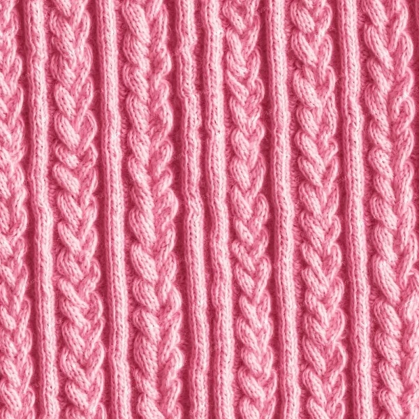 A close-up of a pink knitted fabric with a repeating vertical cable pattern. The texture is detailed, showcasing intertwined and twisted stitches running parallel throughout the fabric.