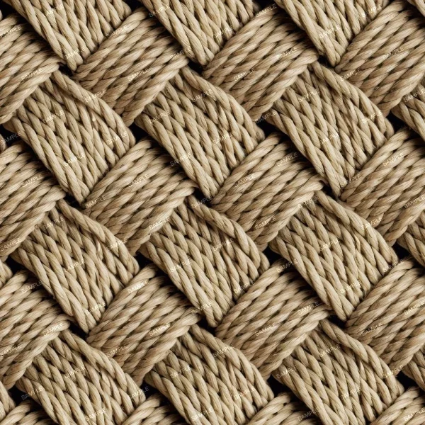 Close-up image showing an intricate pattern of tightly woven, thick, beige-colored ropes forming a textured surface. The ropes intersect at right angles, creating a crisscross design. The texture appears rough and sturdy.
