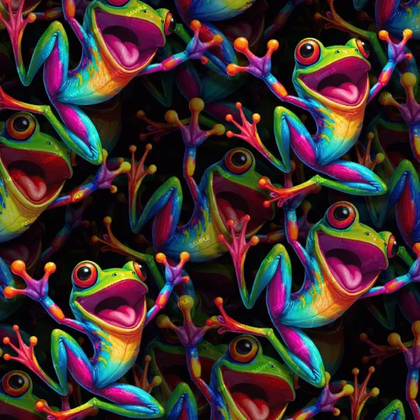 A colorful pattern of cartoon frogs with vibrant hues of green, blue, orange, and purple. The frogs have wide eyes and open mouths, appearing cheerful and dynamic. They are arranged in a repeating design against a dark background.