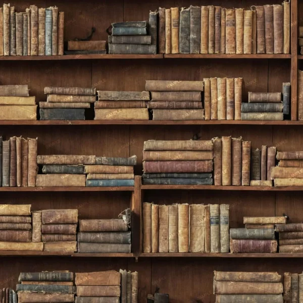 A wall of wooden bookshelves filled with rows of aged and worn books, some stacked horizontally and others vertically. The books have brown, textured covers, giving a vintage appearance. The shelves are closely packed with no visible gaps.