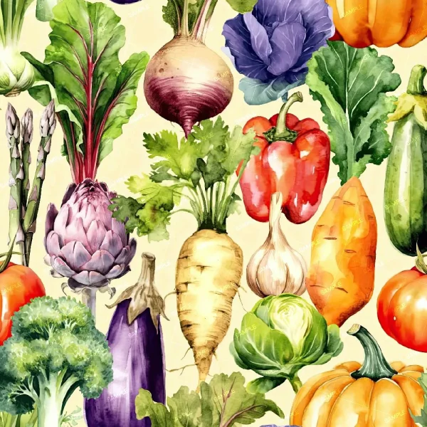 Illustration of various vegetables including broccoli, artichoke, eggplant, beetroot, cabbage, red pepper, sweet potato, zucchini, asparagus, and pumpkin, arranged closely together against a light background.