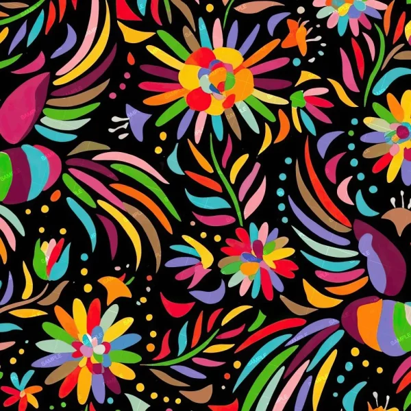 A vibrant, colorful pattern featuring abstract flowers and leaves on a black background. The design includes various shapes in shades of red, yellow, blue, pink, and green, creating a lively and dynamic composition.