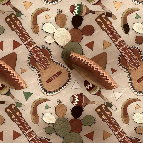 A seamless pattern featuring cartoon-style musical instruments like guitars and maracas, sombreros, and cacti. Set against a beige background with geometric shapes in earth tones.