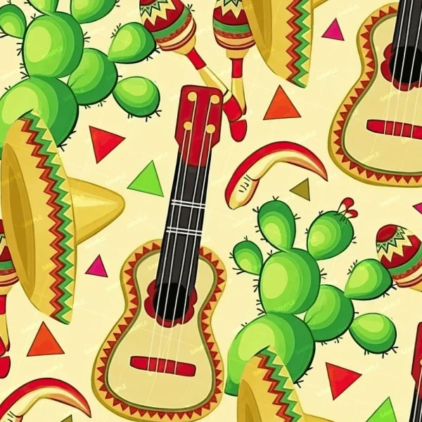 A vibrant pattern featuring guitars, cacti, sombreros, maracas, and assorted geometric shapes, all in bright colors on a light background.