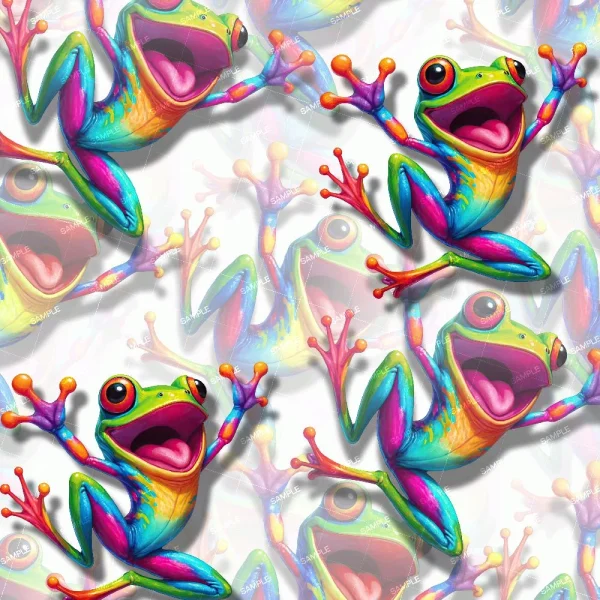 A pattern featuring colorful, animated frogs with vibrant hues of green, blue, pink, and orange. The frogs have wide eyes and open mouths, appearing joyful and energetic, set against a white background with lighter overlapping frog illustrations.