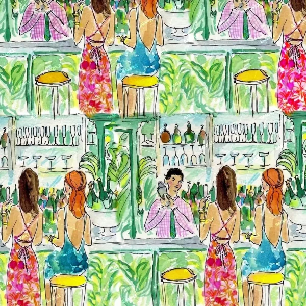 Illustration of two women seated at a bar, one with red hair in a floral dress and the other with brown hair in a blue dress. A bartender is preparing drinks. Shelves with bottles and glasses are visible in the background, with a leafy design throughout.