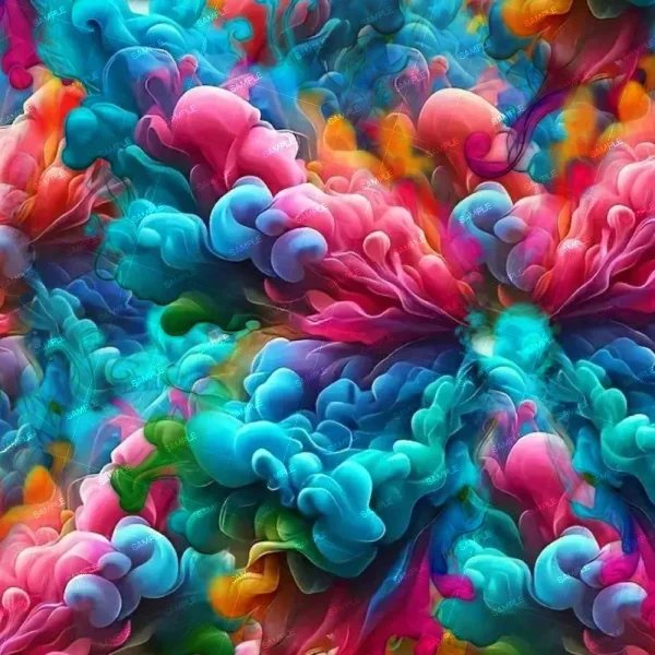 A vibrant and colorful abstract pattern featuring swirling clouds of pink, blue, green, and orange hues. The image has a dynamic flow, resembling smoke or ink in water, creating a visually striking and energetic composition.