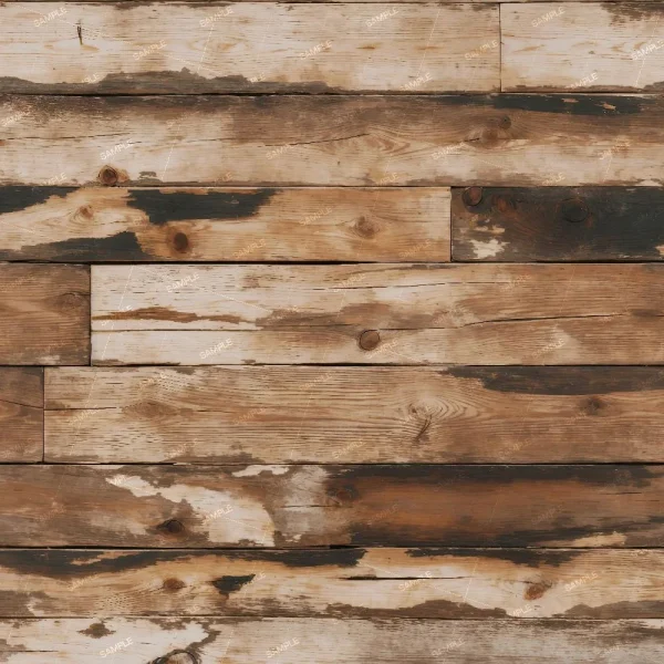 Close-up of weathered wooden planks with visible knots and grains. The wood shows varying shades of brown and gray, giving it a rustic appearance. Some planks have darker stains, emphasizing the texture and natural imperfections.
