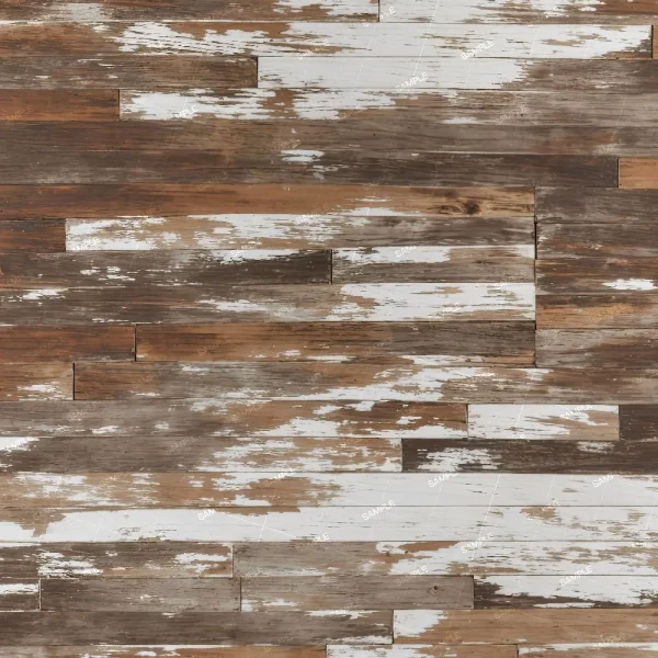 A close-up view of a weathered wooden surface with horizontal planks. The wood features a mix of brown tones and areas of peeling white paint, creating a rustic, distressed appearance.
