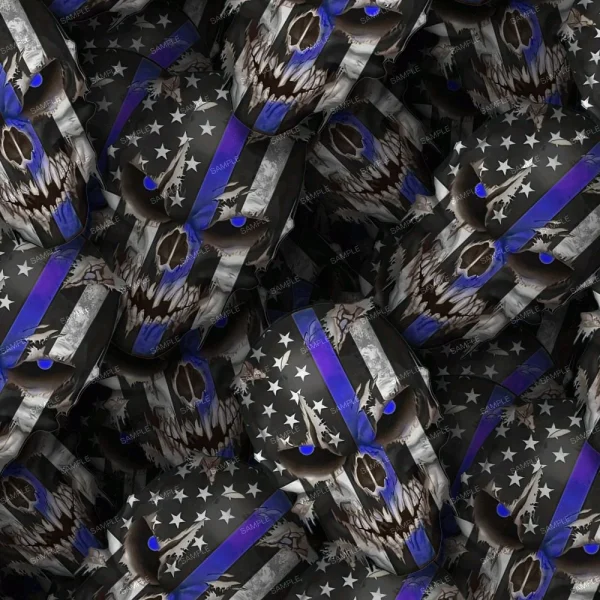 A patterned design features repeated images of a skull with a weathered American flag motif. The flag has a prominent blue stripe, stars, and alternating white and black stripes. The skulls are set against a dark background.