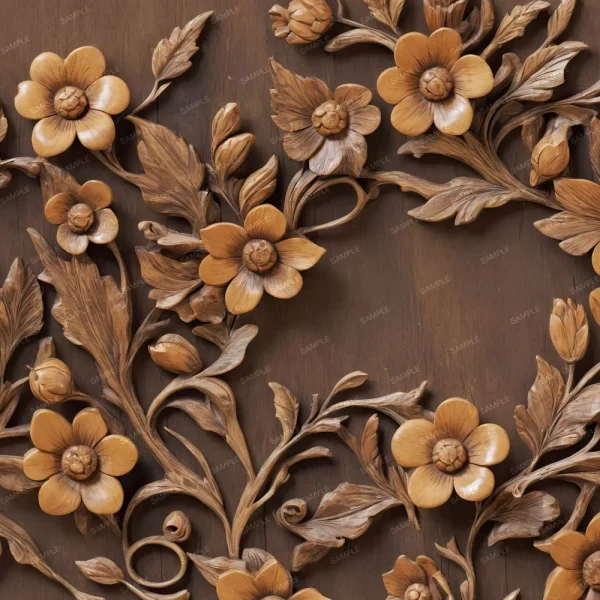 A detailed wooden carving depicting flowers and leaves intricately intertwined on a flat surface. The floral design includes open blooms and buds in varying sizes, with leaves and swirling stems enhancing the naturalistic appearance.