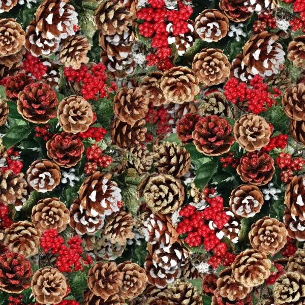 A festive pattern featuring pinecones, red berries, green foliage, and snow-white accents. The arrangement creates a winter holiday theme with a textured and colorful appearance.