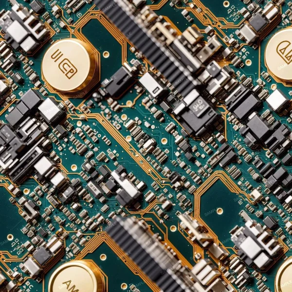 Close-up image of a complex circuit board with numerous electronic components, including capacitors, resistors, and chips. The board features intricate patterns of copper pathways and a green base, showcasing detailed technology.