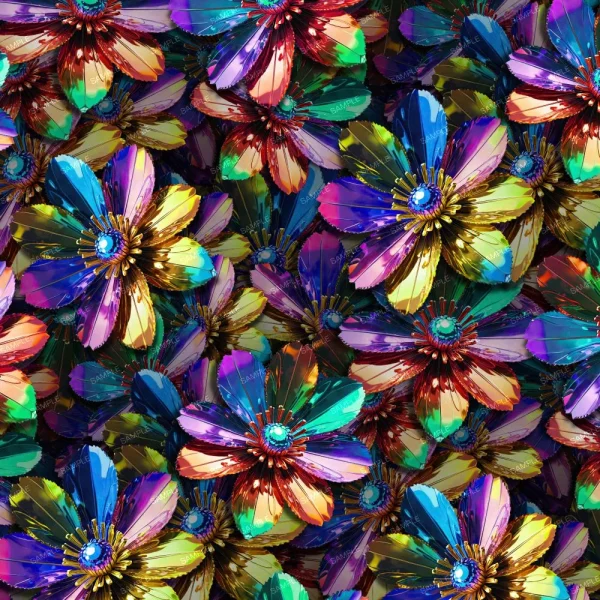 A vibrant pattern of multicolored, digital flowers with large petals in shades of blue, purple, red, green, and yellow, arranged closely together. The background is dark, making the vivid colors of the flowers stand out.