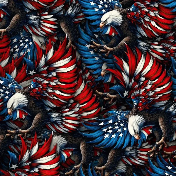 A pattern of American bald eagles with wings featuring red, white, and blue feathers and star motifs, symbolizing the United States flag, is depicted in an intricate and bold design.