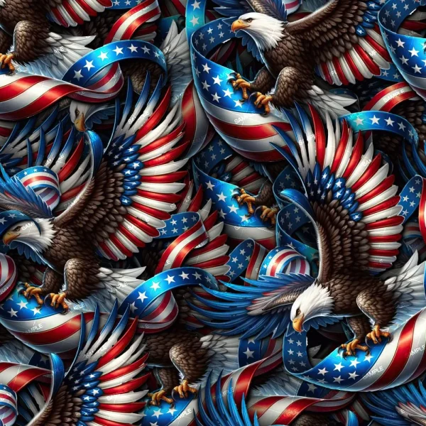 Illustration of multiple bald eagles with spread wings amidst swirling red, white, and blue ribbons with star patterns, resembling the American flag. The scene is dense and dynamic, emphasizing patriotic themes.