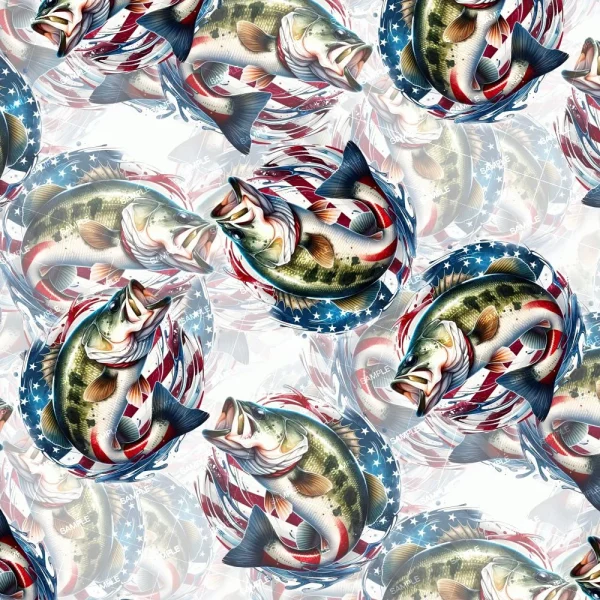 Pattern of large fish against a swirling backdrop of American flag elements, featuring stars and stripes in red, white, and blue. The fish appear repeatedly, with mouths open and fins extended.