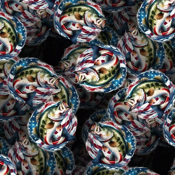 A pattern featuring multiple images of fish with scales designed to resemble the American flag. The fish, depicted in a circular arrangement, are overlaid on a black background.