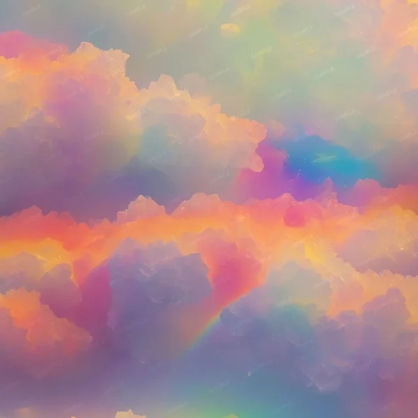 A dreamy, pastel-colored sky with soft, fluffy clouds in shades of pink, purple, blue, yellow, and orange, creating a harmonious and surreal atmosphere.