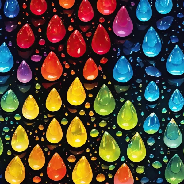 A pattern of colorful, glossy 3D water droplets in various sizes against a black background. The droplets form vertical rows, transitioning through shades of red, orange, yellow, green, and blue.
