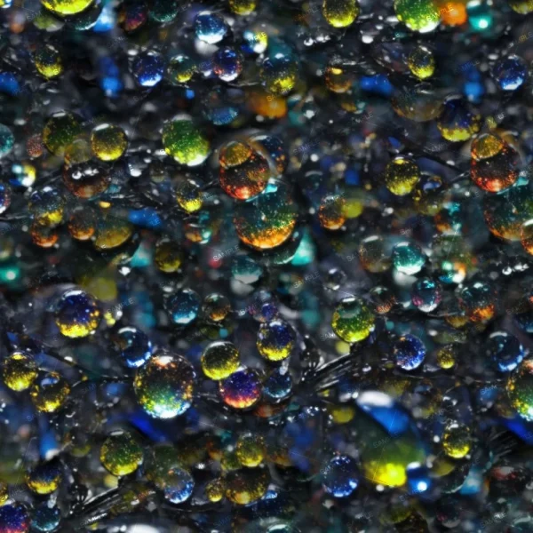 Close-up image of numerous small droplets with vibrant colors, including green, blue, yellow, and orange, reflecting light. The background is dark, creating a contrast that highlights the vivid colors within the droplets.