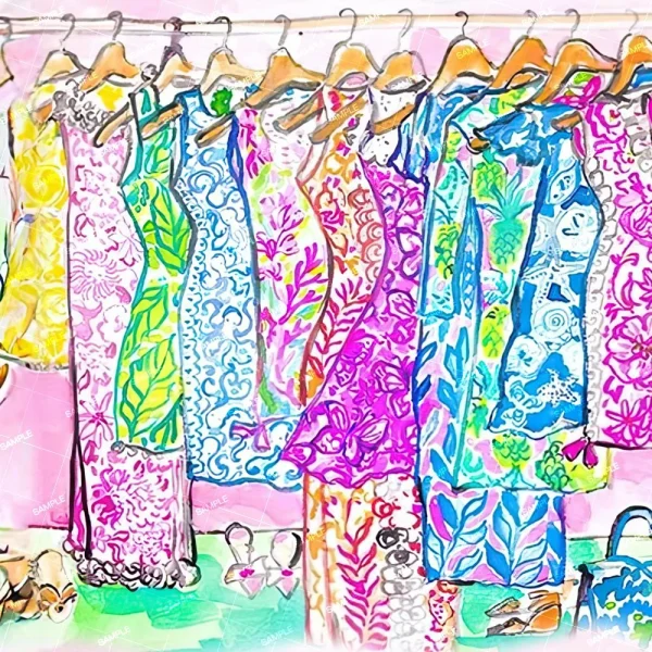 A rack of colorful dresses with various floral and geometric patterns is displayed. The dresses are hung neatly on wooden hangers against a pink background. Below the dresses are matching bags and some shoes.