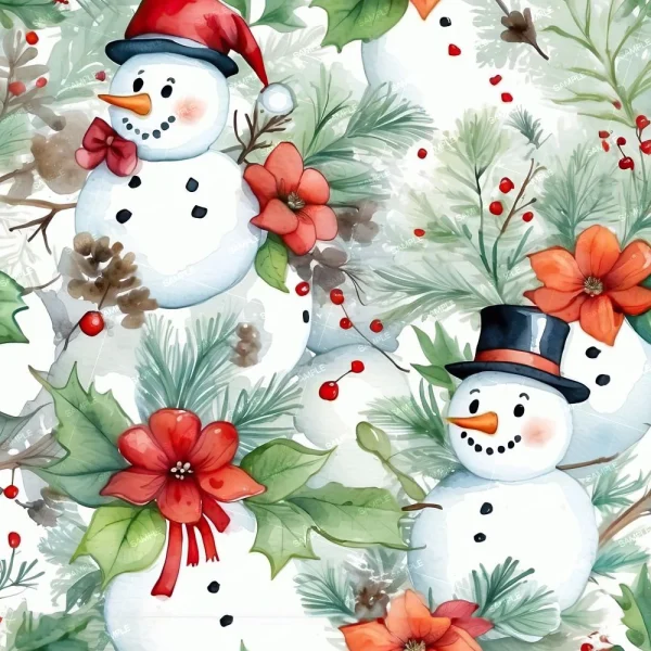 Festive illustration featuring snowmen wearing hats and scarves, surrounded by pine branches, red flowers, and berries. The background is a light, wintry theme, highlighting the holiday spirit.