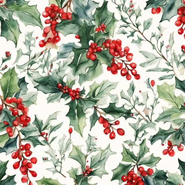 A repeating pattern of watercolor illustrations featuring green holly leaves and clusters of red berries on a light background.