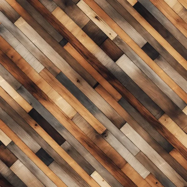 A diagonal pattern of wooden planks in various shades of brown and gray, creating a textured, geometric design. The planks appear to be of different wood types, arranged in a repeating pattern across the image.