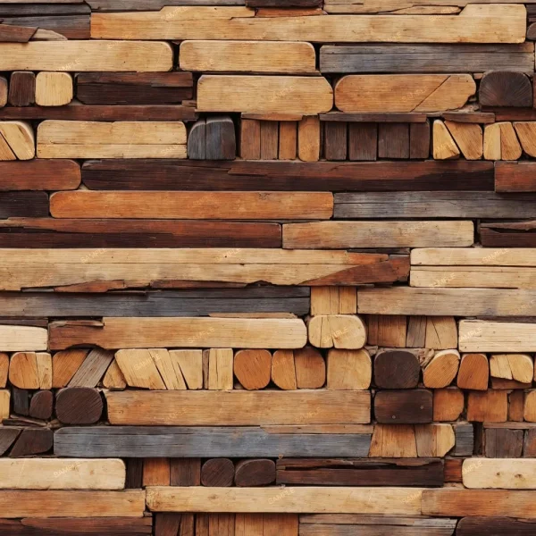 A wall made of stacked reclaimed wood beams varying in size and shape, with a mix of brown and dark brown tones. The wood shows signs of age and texture, adding a rustic appearance to the structure.