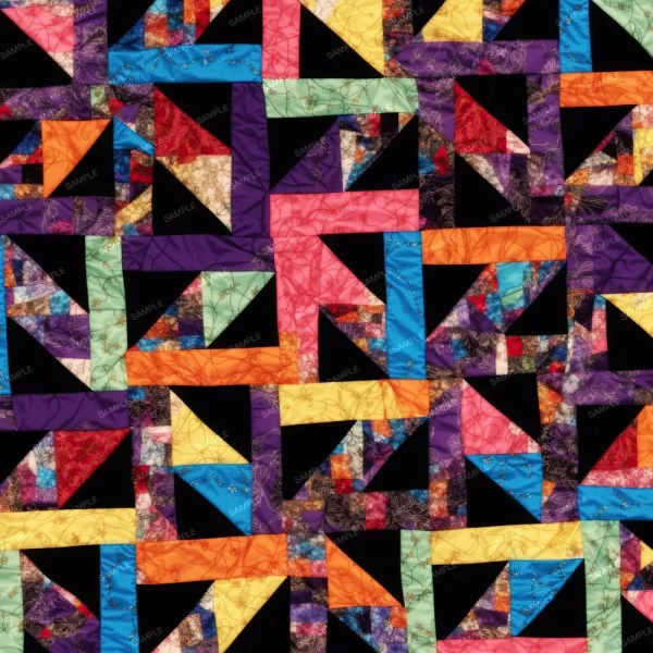 A colorful quilt with geometric patterns in various shades of purple, red, yellow, blue, and orange. The design consists of triangular and rectangular shapes forming an intricate, abstract pattern on a black background, labeled with "SAMPLE.