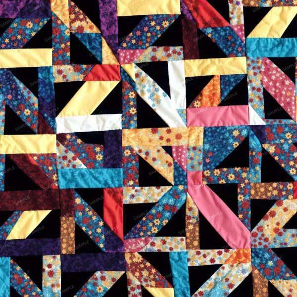 A colorful patchwork quilt featuring geometric patterns. The design includes triangles and rectangles in vibrant hues such as red, blue, yellow, and purple, with floral and solid prints on a black background.