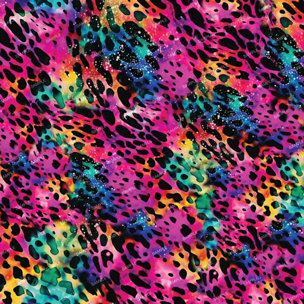 Abstract pattern featuring a vibrant mix of colors, including pink, orange, yellow, green, and blue, with black, irregular spots resembling a leopard print. Sparkling white dots are scattered throughout. The design has a dynamic and colorful appearance.