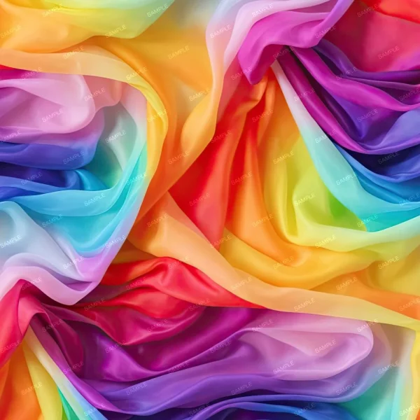 A vibrant array of sheer, swirling fabric in a rainbow of colors, including red, orange, yellow, green, blue, and purple. The fabric is layered and slightly crumpled, creating a textured and colorful pattern.