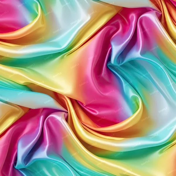 A close-up of a crumpled piece of silk fabric displaying a vibrant rainbow gradient, transitioning smoothly between shades of pink, blue, yellow, and green. The fabric has a glossy sheen, adding depth to the rich colors.