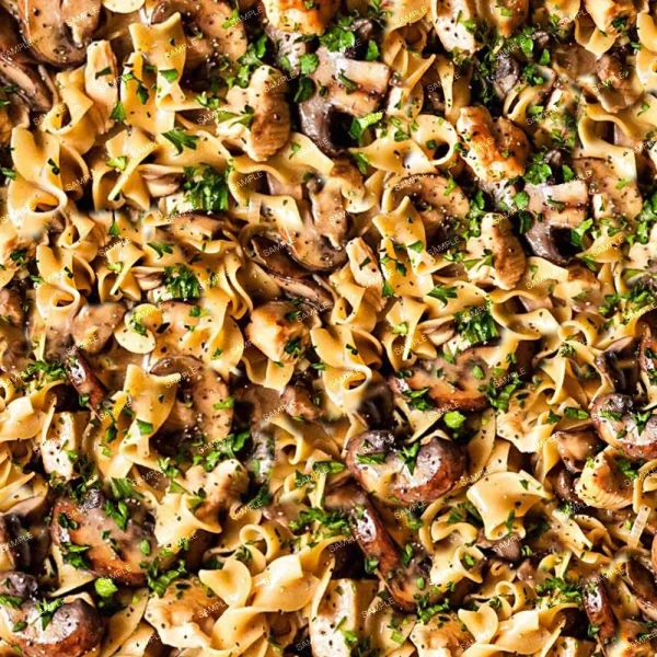 A close-up of a dish featuring egg noodles mixed with sliced mushrooms and coated in a creamy sauce, garnished with chopped parsley.