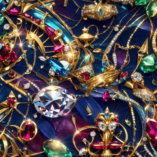 A vibrant assortment of gold jewelry featuring emeralds, rubies, sapphires, and diamonds is intricately arranged on a deep blue background. Various chains, rings, and brooches are adorned with colorful gems, creating a luxurious display.