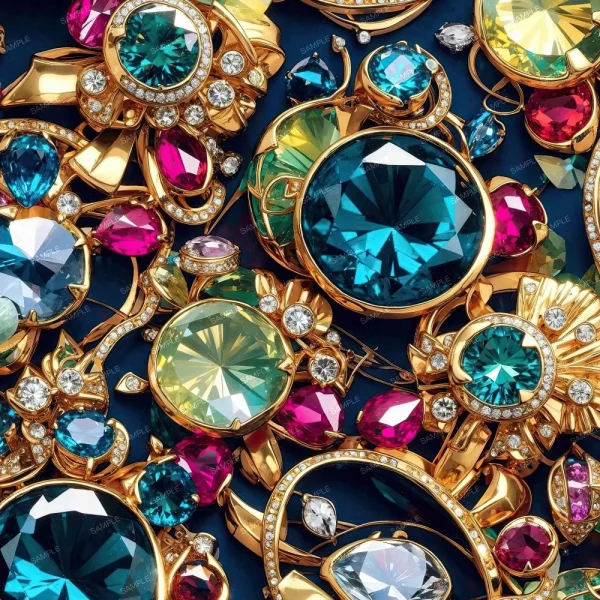 A colorful assortment of jewelry featuring large gemstones in shades of blue, green, red, and yellow. The pieces are set in gold-toned settings with smaller clear crystals, creating an ornate and vibrant display.