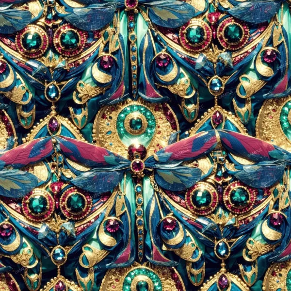 Intricate symmetrical pattern featuring colorful moths with vibrant wings and jeweled bodies. The design includes gold, green, and red jewels, with detailed blue and teal elements. The motif repeats seamlessly across the image.